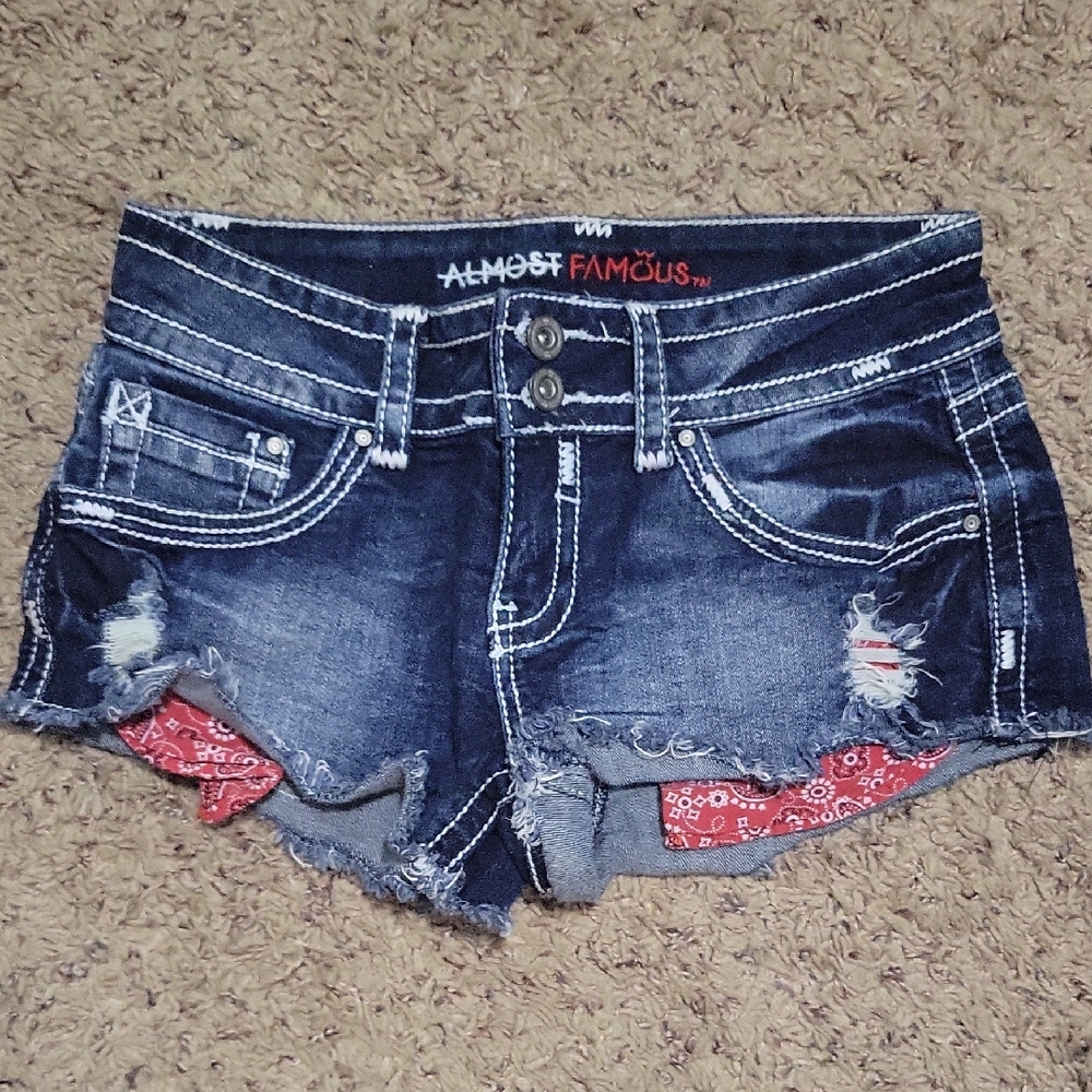 Almost Famous Distressed Dark Blue Jean Shorts with Red Accents